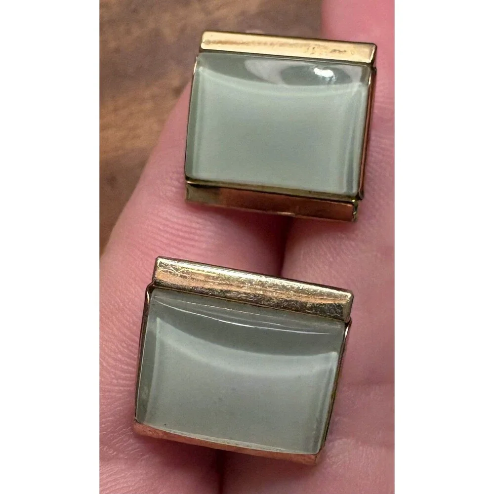 Vintage Swank Gold Tone Pale Green Glass Cabochon Square Cufflinks Mid Century